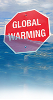 Image: depicting global warming by showing a 'global warming' sign submerged in water
